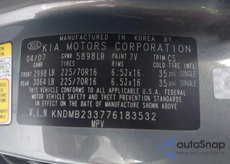 2007 Kia Sedona Lx z USA, uszkodzony, nr VIN KNDMB233776183532